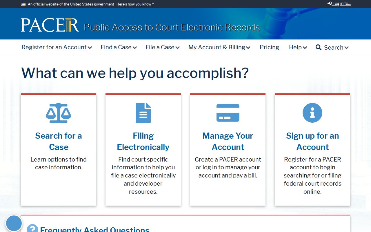PACER federal court records search and account page
