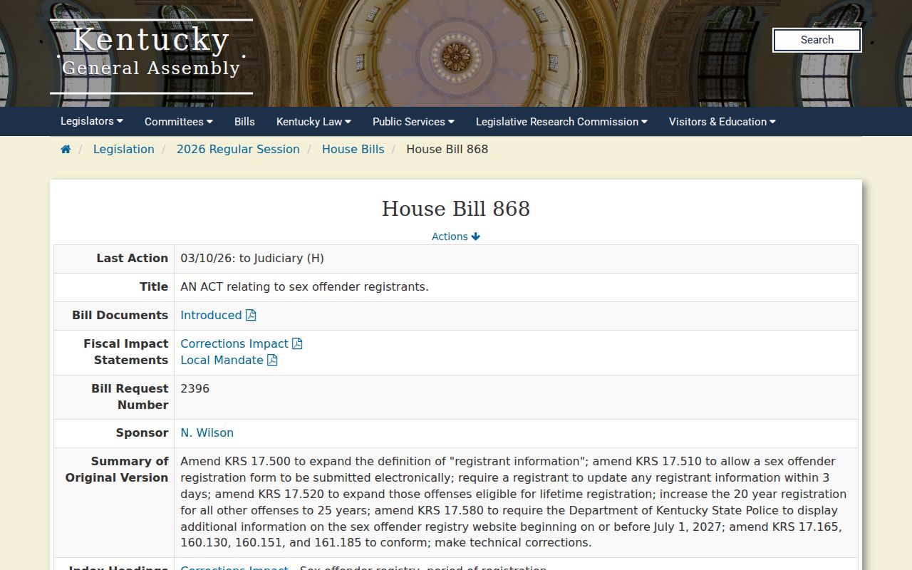 Pending Kentucky registry legislation relevant to Boone County offender lookups